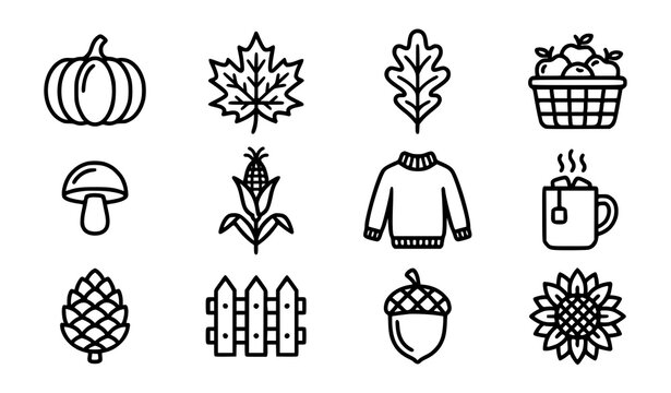 Autumn and fall season icons set with pumpkin, cozy sweater, and harvest elements.