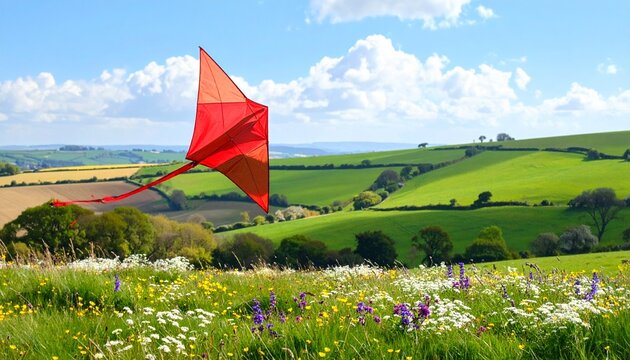 Red kite gliding over wildflower meadow in spring countryside