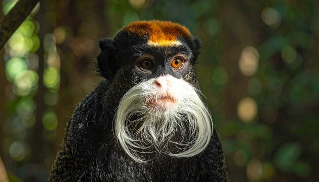 Close-up portrait of De Brazza's monkey with distinctive white beard and orange crown