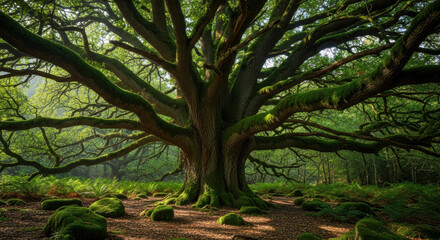 Fototapeta premium A majestic ancient tree with sprawling branches covered in moss, standing tall in a lush, verdant forest with sunlight filtering through the dense canopy.