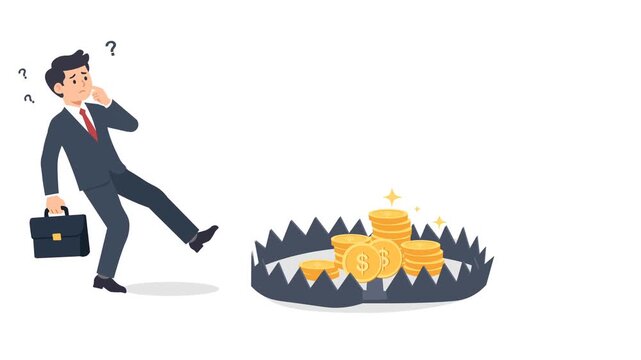 Confused Businessman Walking Toward Money Trap Financial Risk Concept flat design  animation, 
 worried professional man walking toward a dangerous steel trap filled with cash and gold coins.