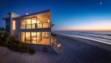 Fototapeta premium a generic oceanfront beach house condo offers a luxurious real estate option with a night time exterior view perfect for a summer home vacation location