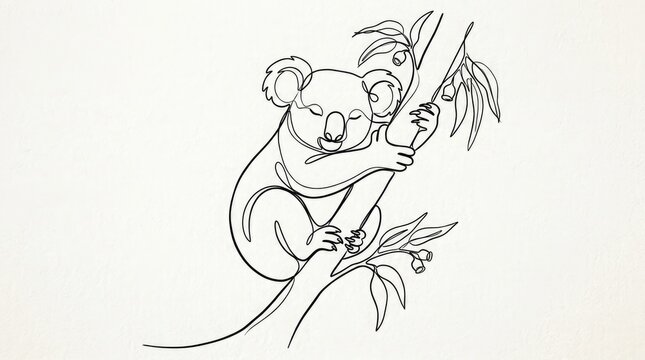 A black and white line drawing of a koala bear on a branch