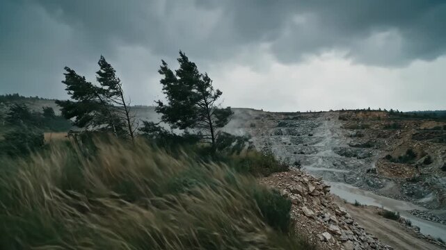 A powerful storm with strong winds sweeps across an open-pit quarry, bending trees and tall grass.