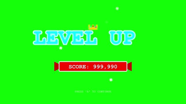retro arcade level up text animation gaming green screen graphic pixel art motion loop