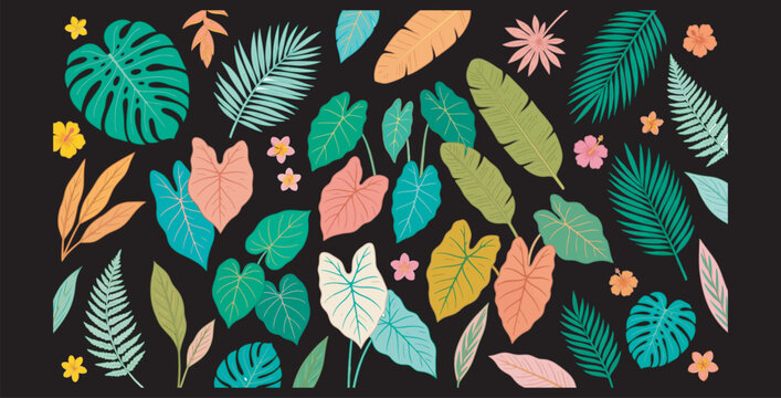 Vibrant tropical foliage and exotic flowers are arranged in this colorful illustrated pattern design featuring various botanical leaves and blooming blossoms to create a natural decorative artistic fl