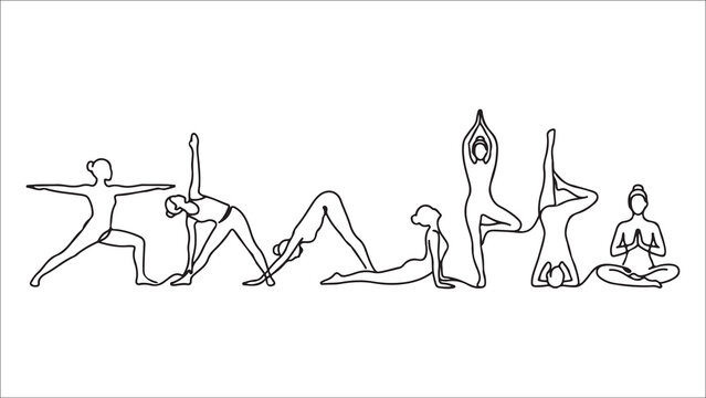 Outline of different yoga poses forming a line with a meditating figure at the end human figures human body meditation