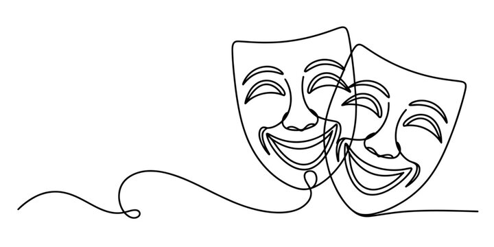 Continuous line drawing of two happy theater masks isolated on white background, Vector
