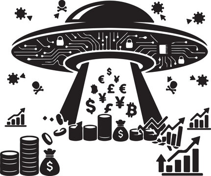 Silhouette of a UFO using a tractor beam to pull up currency symbols and bar charts, representing sudden capital flight