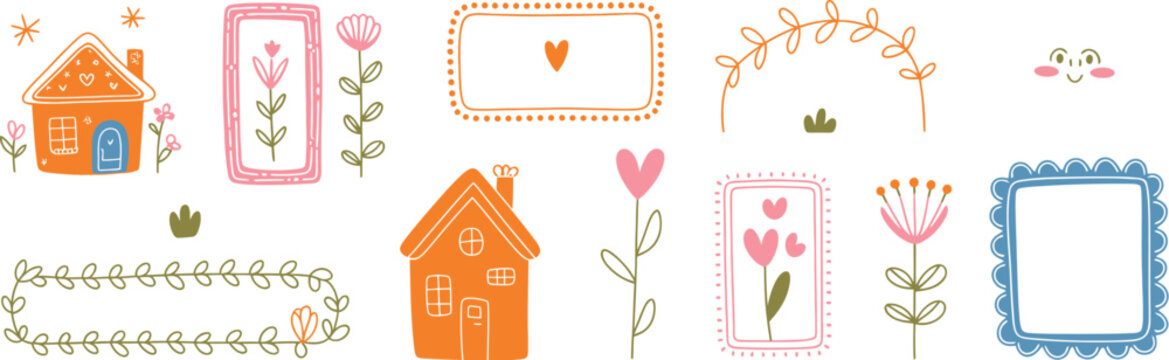 Hand, drawn frames and decorative elements asset pack with scallop borders flowers stars hearts and house stickers, trendy vector illustration set.