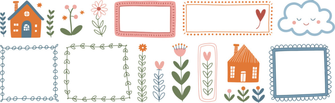 Hand, drawn frames and decorative elements asset pack with scallop borders flowers stars hearts and house stickers, trendy vector illustration set.