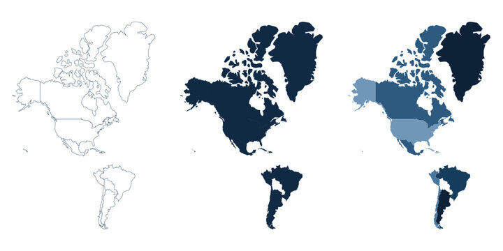 Americas Map Set: Outline, Silhouette and Blue Infographic Vector on Transparent Background