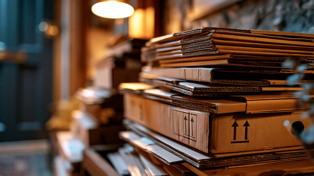 Large pile of empty flattened cardboard boxes stacked in a cluttered domestic hallway or storage area after multiple deliveries warm interior lighting defocused door and wall