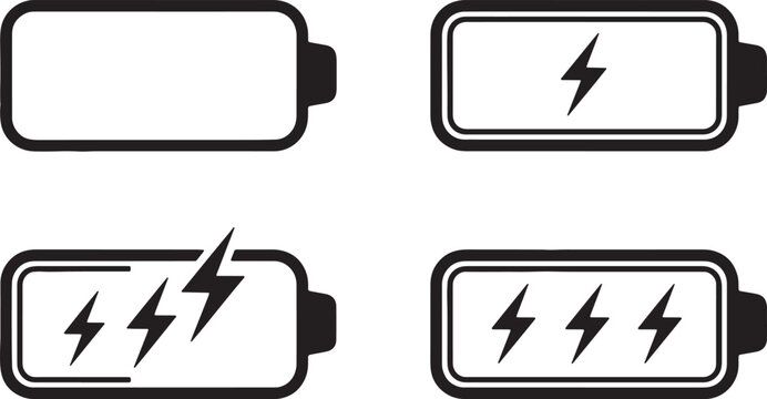 Set of four battery showing different charge levels with lightning bolts also transparent background