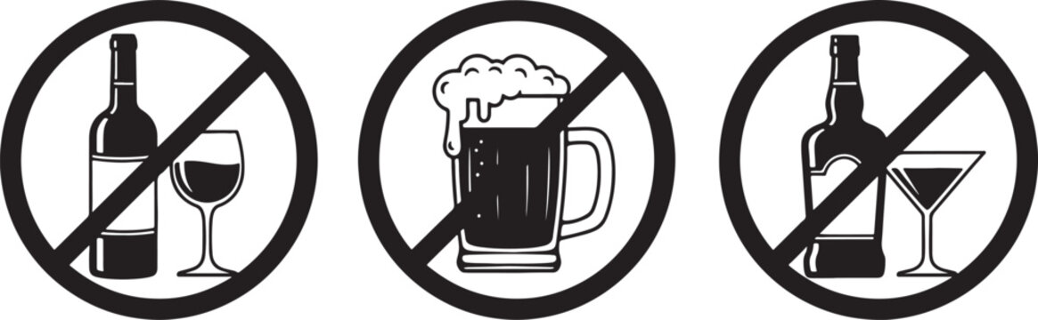 Set of three prohibited alcoholic drink with crossed out circles also transparent background prohibition