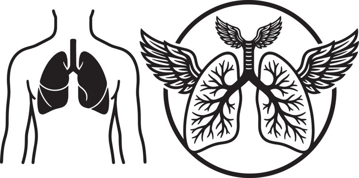 Stylized black and white of human lungs with wings and bronchial tree also transparent background, human body