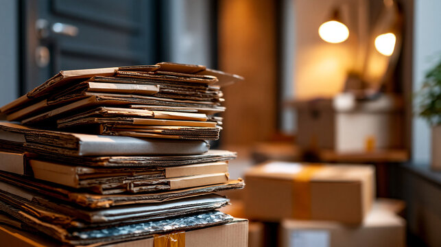Large pile of empty flattened cardboard boxes stacked in a cluttered domestic hallway or storage area after multiple deliveries warm interior lighting defocused door and wall