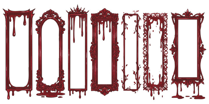 Set of seven spooky gothic mirror frames with dark dripping blood effect for halloween design and horror decoration