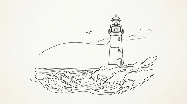 A black and white line drawing of a lighthouse on the ocean