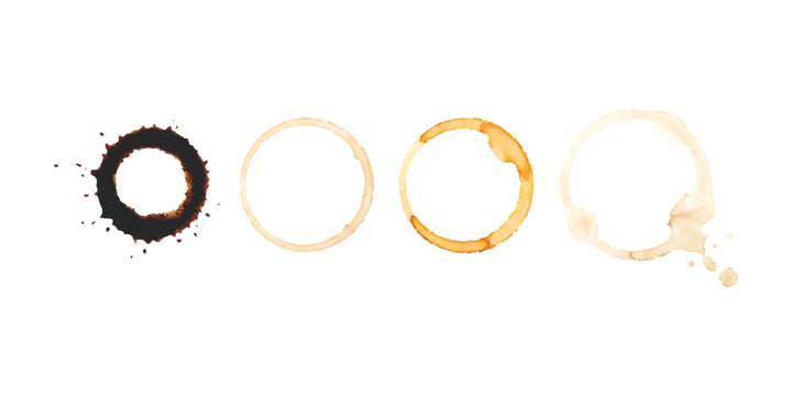 Set of four coffee cup stain rings and liquid splashes in different shades of brown and dark espresso