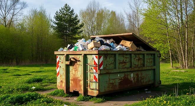 Overflowing dumpster amidst green trees, showing signs of neglect and discarded waste