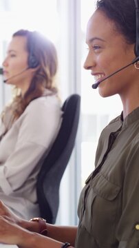 Happy woman, face or consulting with headset in call center office for virtual assistance. Portrait, female person or smile with mic for communication, CRM help or desktop support in contact agency