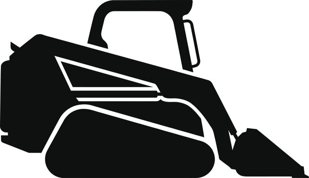 Minimalist black silhouette of a skid steer loader construction vehicle isolated on a white background, for site work, and landscaping