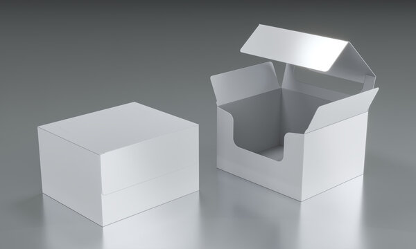 White cardboard folding display box mockup with hinged lid. 3d illustration on light background