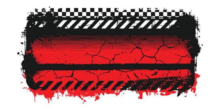 Red grunge banner with black checkered racing flag border and distressed texture for sports and competition designs