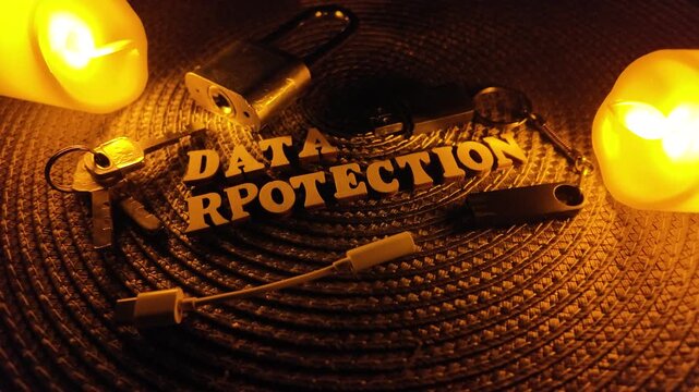 Data protection concept with lock, keys, USB drive, and text