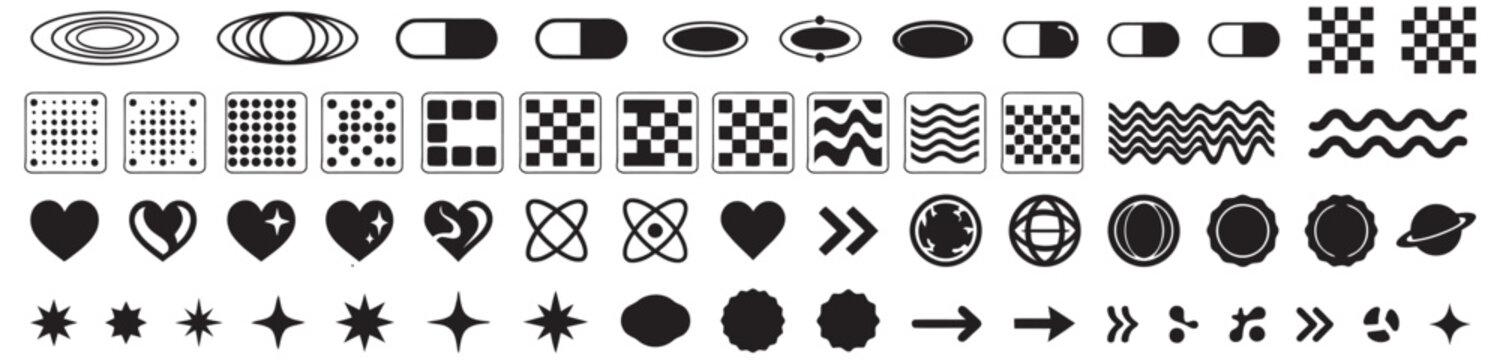 Collection of diverse black and white graphic design elements featuring geometric shapes hearts stars arrows and abstract patterns arranged in a clean grid format for modern creative digital art proje