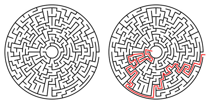 Round Maze Puzzle with Solution Path