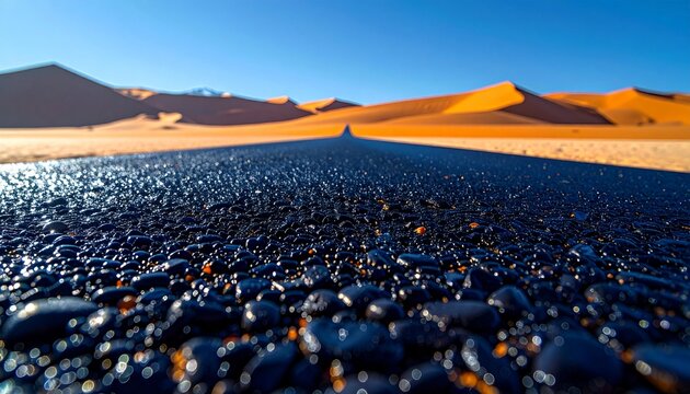 Sunset over vast desert pavement with polished dark pebbles and distant mountains