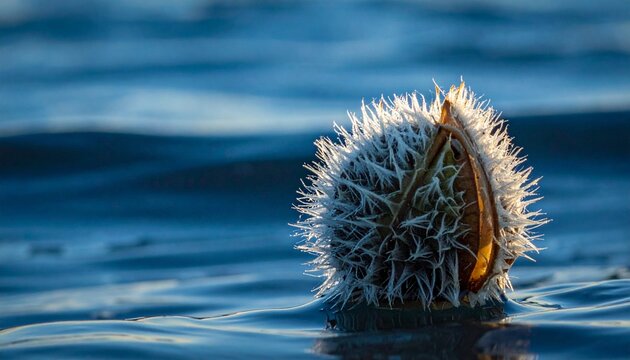 Close-up of a buoyant sea rocket seed pod floating on water