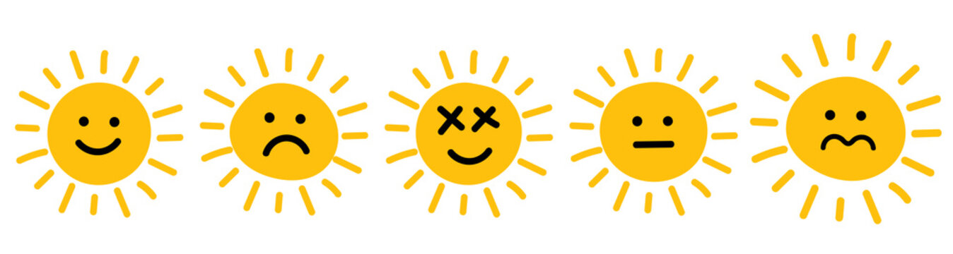 Five yellow hand-drawn suns with different facial expressions, character illustration collection emoticon
