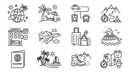 Fototapeta premium Travel agency line icon set tourism vacation vector collection