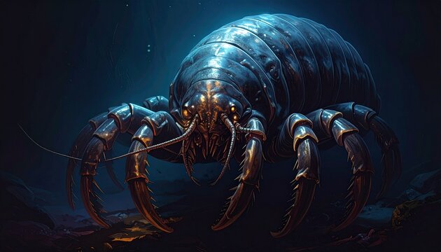 Giant deep sea isopod scavenging on dark ocean floor