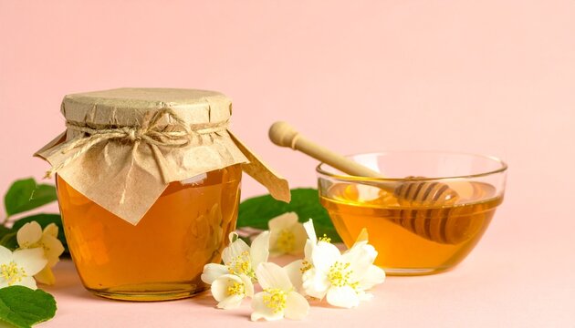 Golden Honey Jar with Jasmine Blossoms on Soft Pink Background