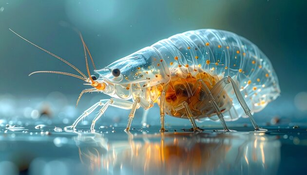 Close-Up Macro of Transparent Freshwater Water Flea Daphnia