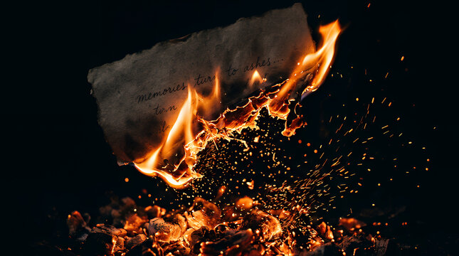 Paper ignites with brilliant flames and flying sparks against a deep black void as it slowly turns to ash to represent the finality of forgotten secrets and the transition from existence to nothing.