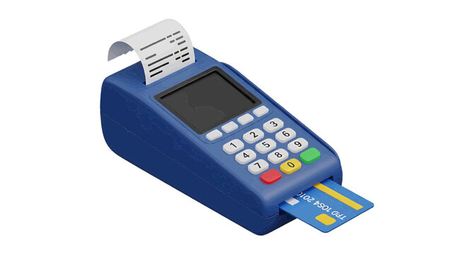 Vector illustration of isometric illustration of a blue payment terminal with a credit card inserted on a transparent background