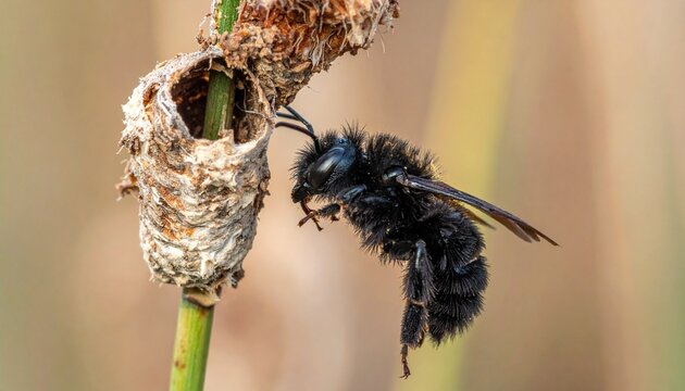 Close-up of mason bee nesting in hollow reed with mud plug