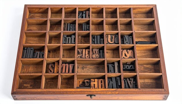 Overhead view of wooden letterpress type case with lead printing letters
