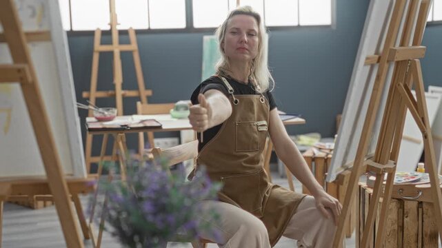 Woman artist extends hand holding paintbrush toward canvas at easel in studio among palettes and jars of paint; creative concentration.