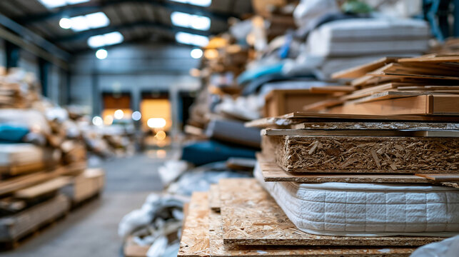 Wide interior shot of an industrial warehouse packed with towering piles of used chipboard furniture panels stacked mattresses and mixed bulky household waste in a business