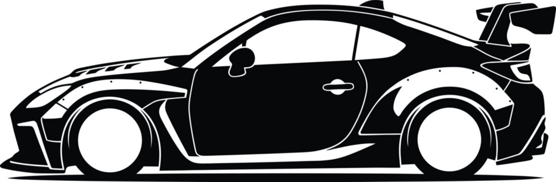 Sleek black silhouette of a modified sports car with wide body kit and rear wing isolated on a white background, for automotive enthusiast