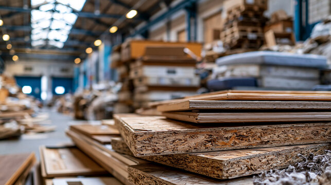 Wide interior shot of an industrial warehouse packed with towering piles of used chipboard furniture panels stacked mattresses and mixed bulky household waste in a business
