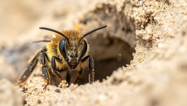 Close-up macro of mining bee entering ground nest in spring