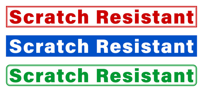 Three scratch resistant labels with different colored borders on white background