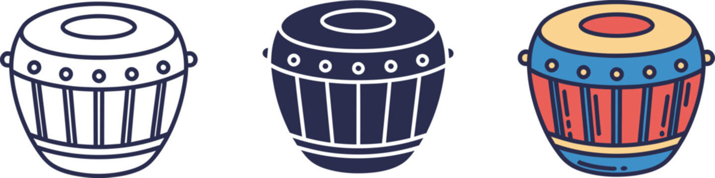 Collection of six Indian dhol drum icons in different colors and styles.Indian Dhol Drum Collection in Traditional Decorative Style.  Celebration and Rhythm Concept